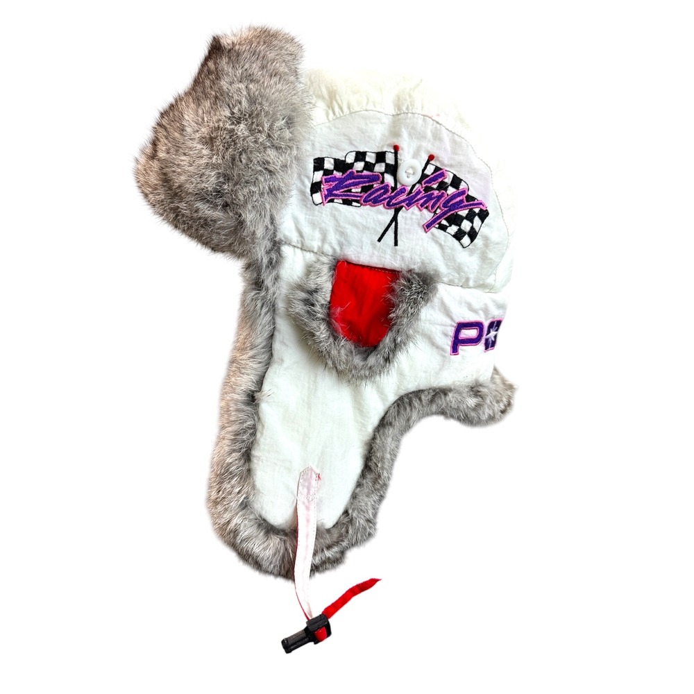 Vintage Polaris White Racing Bomber Trapper Hat Rabbit Fur Ear Flaps Size L